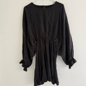 Zara Black Dolman Batwing Gathered Sleeve Cinched Waist Mini Dress XL
